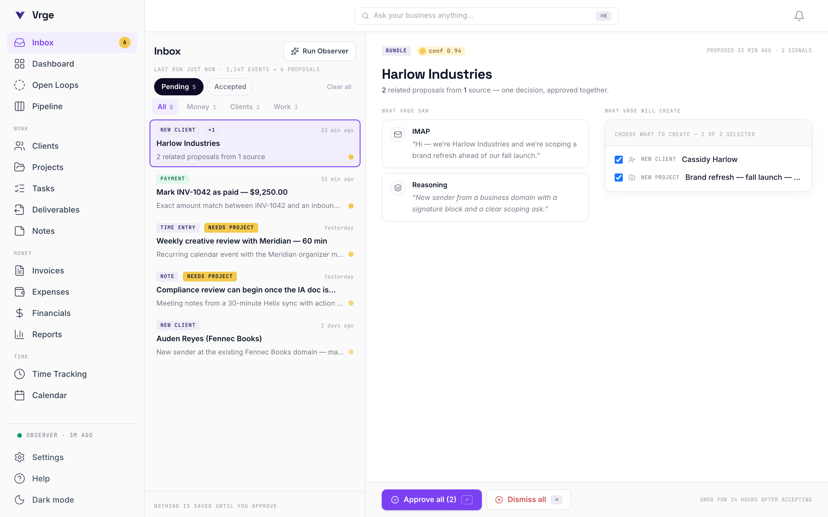 The Vrge proposal inbox: a queue of pending proposals beside the selected one, showing the email Vrge read, why it proposed a new client and project, a 0.94 confidence score, and the Approve and Dismiss buttons.